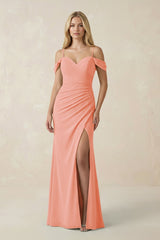 Off - the - Shoulder Sheath Chiffon Ruched Bridesmaid Dress in Rosette - KissProm Bridesmaid Dresses