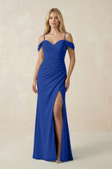 Off - the - Shoulder Sheath Chiffon Ruched Bridesmaid Dress in Royal Blue - KissProm Bridesmaid Dresses