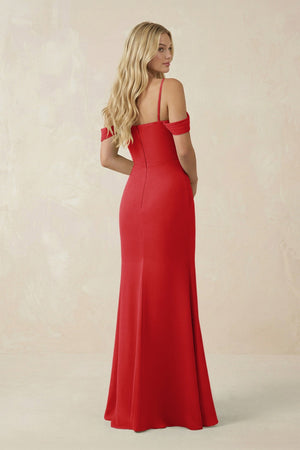 Off - the - Shoulder Sheath Chiffon Ruched Bridesmaid Dress in Ruby Red - KissProm Bridesmaid Dresses