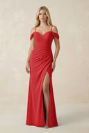 Off - the - Shoulder Sheath Chiffon Ruched Bridesmaid Dress in Ruby Red - KissProm Bridesmaid Dresses
