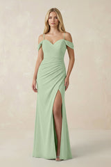 Off - the - Shoulder Sheath Chiffon Ruched Bridesmaid Dress in Sage - KissProm Bridesmaid Dresses