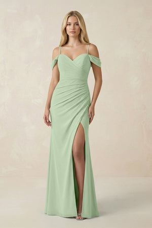 Off - the - Shoulder Sheath Chiffon Ruched Bridesmaid Dress in Sage - KissProm Bridesmaid Dresses