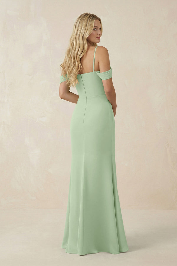 Off - the - Shoulder Sheath Chiffon Ruched Bridesmaid Dress in Sage - KissProm Bridesmaid Dresses
