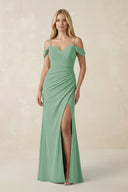 Off - the - Shoulder Sheath Chiffon Ruched Bridesmaid Dress in Sea Glass - KissProm Bridesmaid Dresses