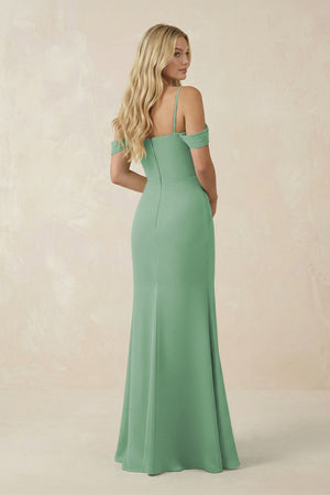 Off - the - Shoulder Sheath Chiffon Ruched Bridesmaid Dress in Sea Glass - KissProm Bridesmaid Dresses