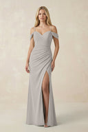 Off - the - Shoulder Sheath Chiffon Ruched Bridesmaid Dress in Silver - KissProm Bridesmaid Dresses