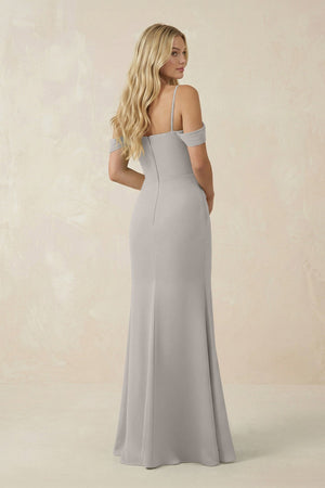 Off - the - Shoulder Sheath Chiffon Ruched Bridesmaid Dress in Silver - KissProm Bridesmaid Dresses