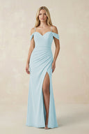 Off - the - Shoulder Sheath Chiffon Ruched Bridesmaid Dress in Sky Blue - KissProm Bridesmaid Dresses