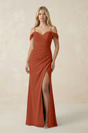 Off - the - Shoulder Sheath Chiffon Ruched Bridesmaid Dress in Spice - KissProm Bridesmaid Dresses