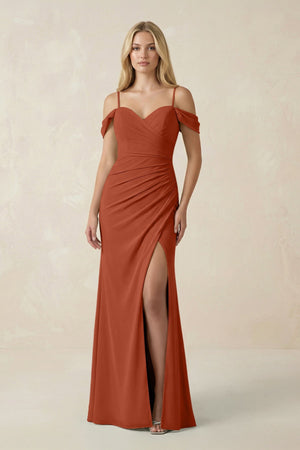 Off - the - Shoulder Sheath Chiffon Ruched Bridesmaid Dress in Spice - KissProm Bridesmaid Dresses