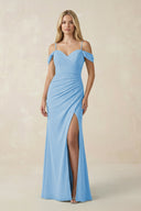 Off - the - Shoulder Sheath Chiffon Ruched Bridesmaid Dress in Steel Blue - KissProm Bridesmaid Dresses