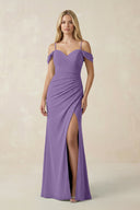 Off - the - Shoulder Sheath Chiffon Ruched Bridesmaid Dress in Tahiti - KissProm Bridesmaid Dresses