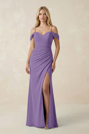 Off - the - Shoulder Sheath Chiffon Ruched Bridesmaid Dress in Tahiti - KissProm Bridesmaid Dresses