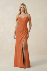 Off - the - Shoulder Sheath Chiffon Ruched Bridesmaid Dress in Terracotta - KissProm Bridesmaid Dresses