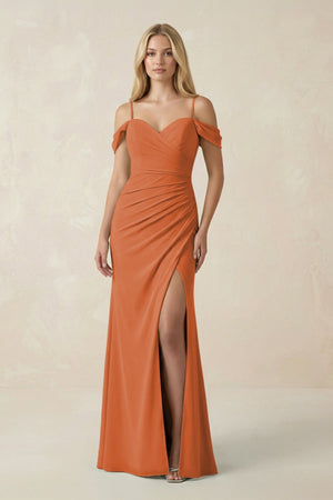 Off - the - Shoulder Sheath Chiffon Ruched Bridesmaid Dress in Terracotta - KissProm Bridesmaid Dresses