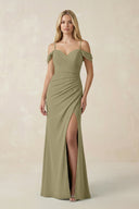 Off - the - Shoulder Sheath Chiffon Ruched Bridesmaid Dress in Thyme - KissProm Bridesmaid Dresses