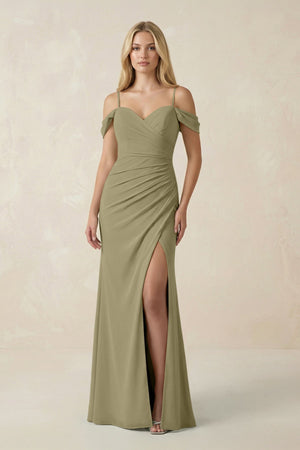 Off - the - Shoulder Sheath Chiffon Ruched Bridesmaid Dress in Thyme - KissProm Bridesmaid Dresses