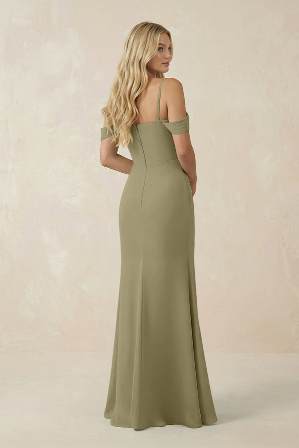 Off - the - Shoulder Sheath Chiffon Ruched Bridesmaid Dress in Thyme - KissProm Bridesmaid Dresses