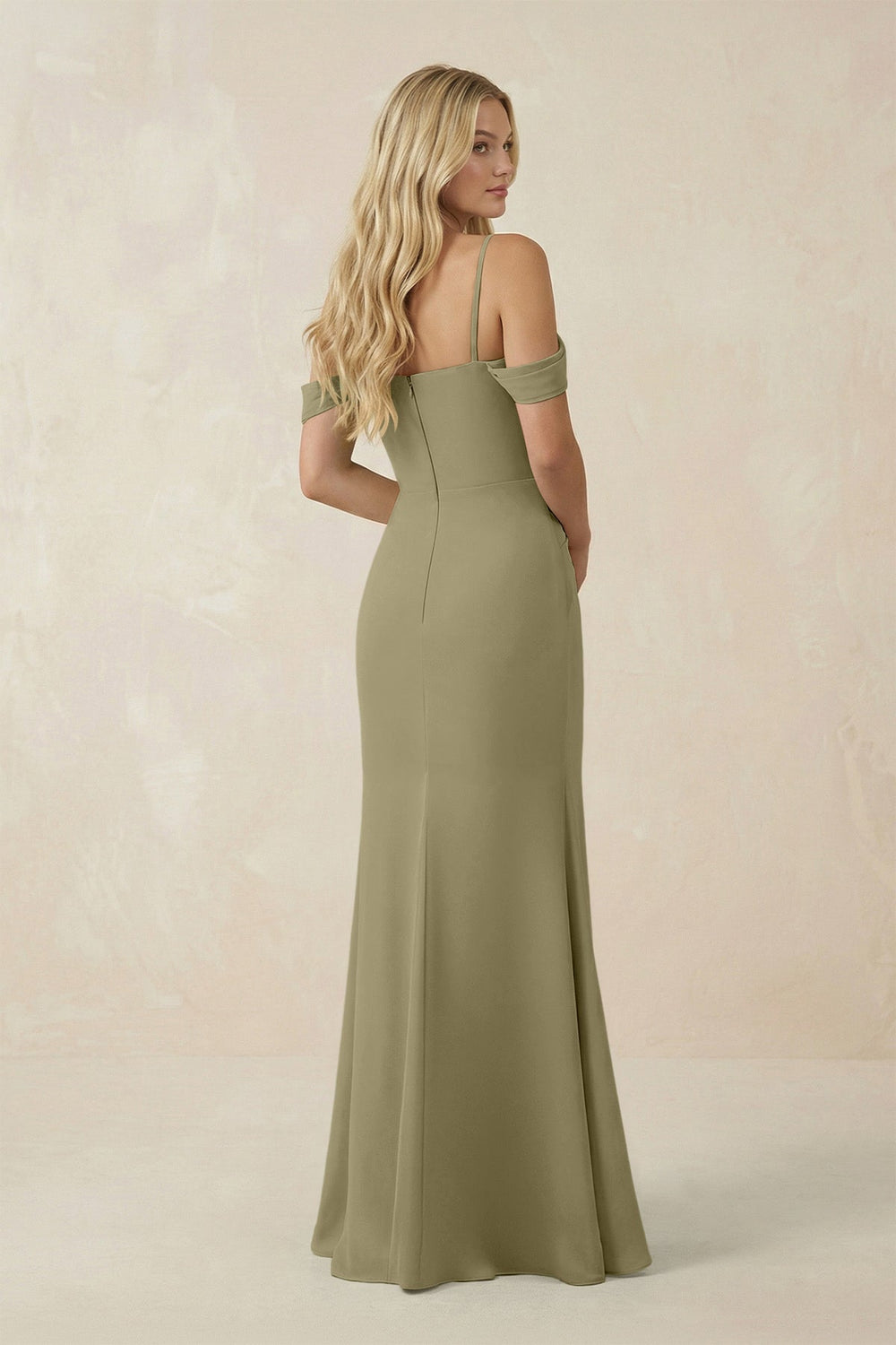 Off - the - Shoulder Sheath Chiffon Ruched Bridesmaid Dress in Thyme - KissProm Bridesmaid Dresses