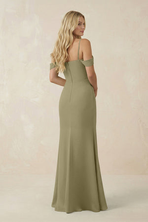 Off - the - Shoulder Sheath Chiffon Ruched Bridesmaid Dress in Thyme - KissProm Bridesmaid Dresses
