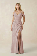 Off - the - Shoulder Sheath Chiffon Ruched Bridesmaid Dress in Toffee - KissProm Bridesmaid Dresses