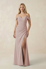 Off - the - Shoulder Sheath Chiffon Ruched Bridesmaid Dress in Toffee - KissProm Bridesmaid Dresses