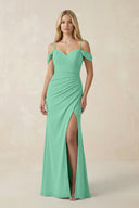 Off - the - Shoulder Sheath Chiffon Ruched Bridesmaid Dress in Turquoise - KissProm Bridesmaid Dresses