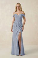 Off - the - Shoulder Sheath Chiffon Ruched Bridesmaid Dress in Twilight - KissProm Bridesmaid Dresses