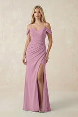 Off - the - Shoulder Sheath Chiffon Ruched Bridesmaid Dress in Vintage Mauve - KissProm Bridesmaid Dresses