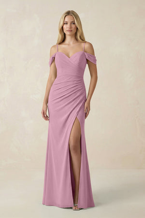 Off - the - Shoulder Sheath Chiffon Ruched Bridesmaid Dress in Vintage Mauve - KissProm Bridesmaid Dresses