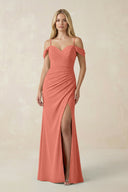 Off - the - Shoulder Sheath Chiffon Ruched Bridesmaid Dress in Wild Rose - KissProm Bridesmaid Dresses