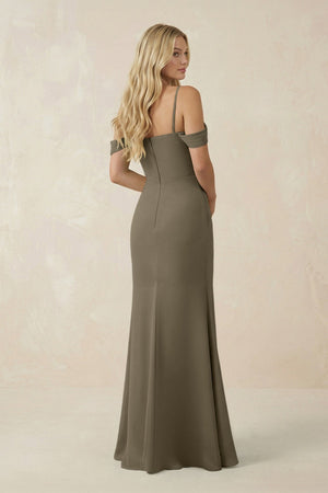 Off - the - Shoulder Sheath Chiffon Ruched Bridesmaid Dress in Willow Green - KissProm Bridesmaid Dresses