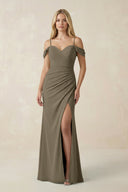 Off - the - Shoulder Sheath Chiffon Ruched Bridesmaid Dress in Willow Green - KissProm Bridesmaid Dresses