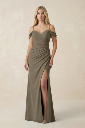 Off - the - Shoulder Sheath Chiffon Ruched Bridesmaid Dress in Willow Green - KissProm Bridesmaid Dresses