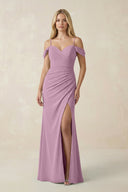 Off - the - Shoulder Sheath Chiffon Ruched Bridesmaid Dress in Wisteria - KissProm Bridesmaid Dresses