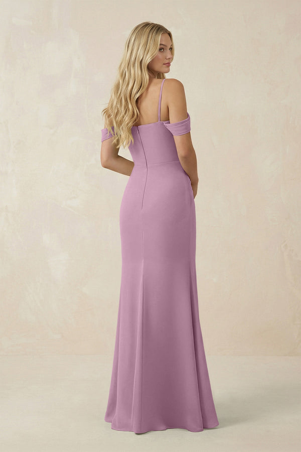Off - the - Shoulder Sheath Chiffon Ruched Bridesmaid Dress in Wisteria - KissProm Bridesmaid Dresses