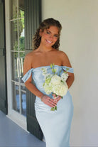 Marquina | Off the Shoulder Coral Mermaid Satin Long Party Dress