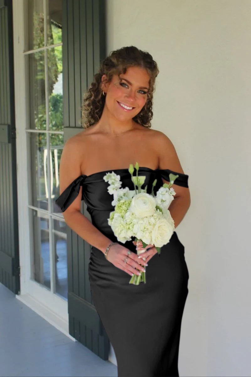 Marquina | Off the Shoulder Coral Mermaid Satin Long Party Dress