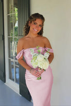 Marquina | Off the Shoulder Coral Mermaid Satin Long Party Dress