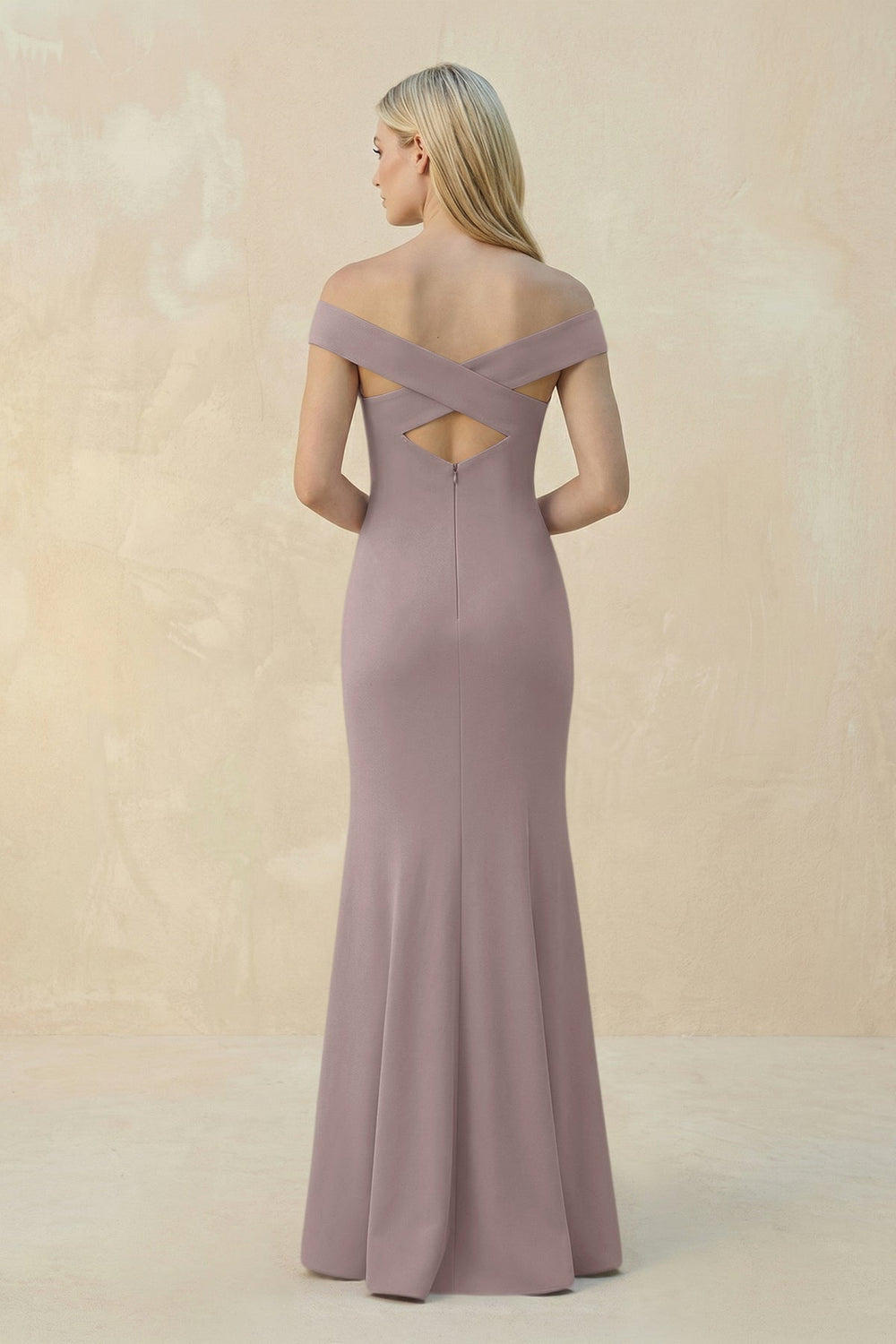 Off - the - Shoulder Sheath Matte Satin Bridesmaid Dress in Almond - KissProm Bridesmaid Dresses