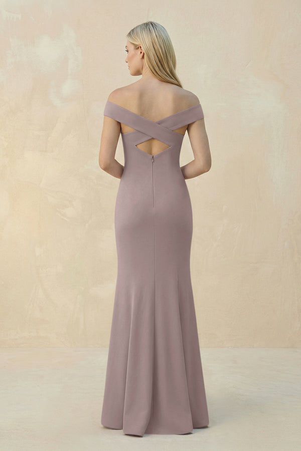 Off - the - Shoulder Sheath Matte Satin Bridesmaid Dress in Almond - KissProm Bridesmaid Dresses