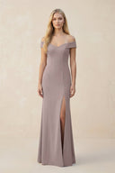 Off - the - Shoulder Sheath Matte Satin Bridesmaid Dress in Almond - KissProm Bridesmaid Dresses