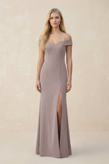 Off - the - Shoulder Sheath Matte Satin Bridesmaid Dress in Almond - KissProm Bridesmaid Dresses