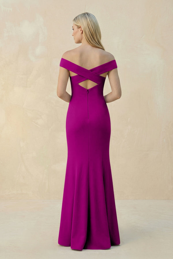 Off - the - Shoulder Sheath Matte Satin Bridesmaid Dress in Amethyst - KissProm Bridesmaid Dresses