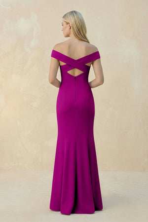 Off - the - Shoulder Sheath Matte Satin Bridesmaid Dress in Amethyst - KissProm Bridesmaid Dresses