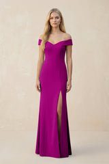 Off - the - Shoulder Sheath Matte Satin Bridesmaid Dress in Amethyst - KissProm Bridesmaid Dresses