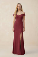 Off - the - Shoulder Sheath Matte Satin Bridesmaid Dress in Berry - KissProm Bridesmaid Dresses