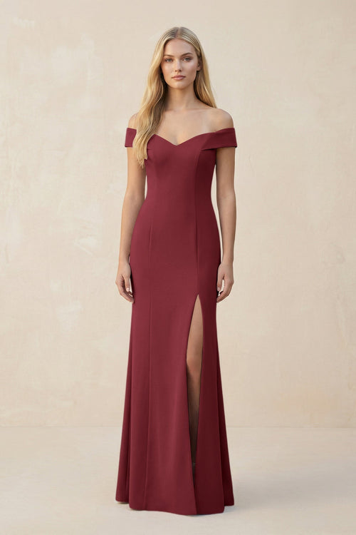Off - the - Shoulder Sheath Matte Satin Bridesmaid Dress in Berry - KissProm Bridesmaid Dresses