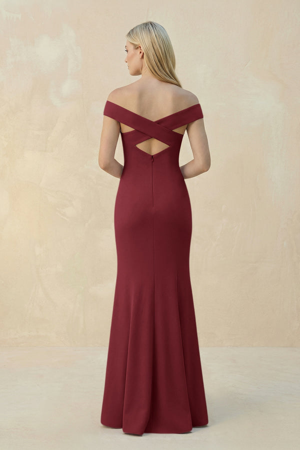 Off - the - Shoulder Sheath Matte Satin Bridesmaid Dress in Berry - KissProm Bridesmaid Dresses