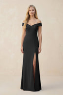 Off - the - Shoulder Sheath Matte Satin Bridesmaid Dress in Black - KissProm Bridesmaid Dresses
